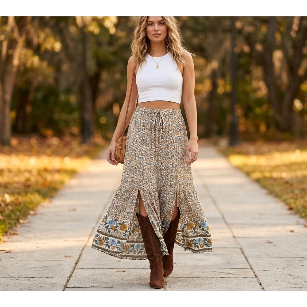 Label of Love Boho Maxi Skirt Womens Size 8 Floral Tiered EUC Chic Resort Casual